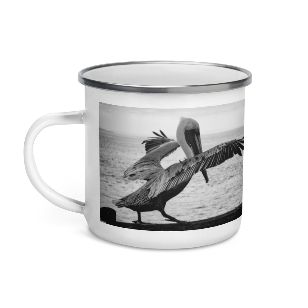 Pelican on a Pier Enamel Mug